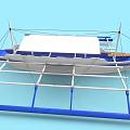 Seagull Perched On Blue And White Boat With Wooden Deck And Netting