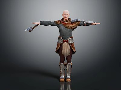 Game Movie Character With Bald Head Fur Trimmed Outfit Holding Axe Open Arms Stance 3d model