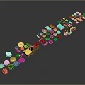 Variety of Colorful Food Items Arranged in Creative Display on Dark Surface