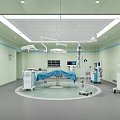 Modern Operating Room With Green Walls Surgical Table Surgical Lights Display Screen And Medical Equipment
