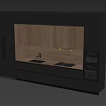 Modern Kitchen Featuring Black And Wooden Cabinets With Countertop Sink Stove And Oven