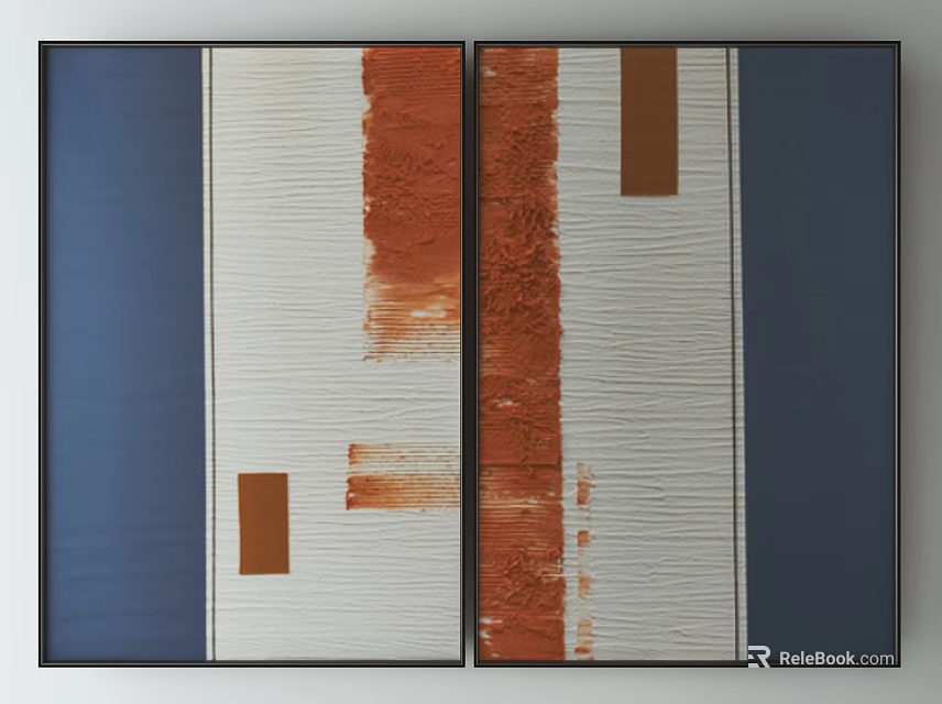 Two Panel Abstract Wall Art with Blue White Orange Stripes and Textured Blocks 3d model