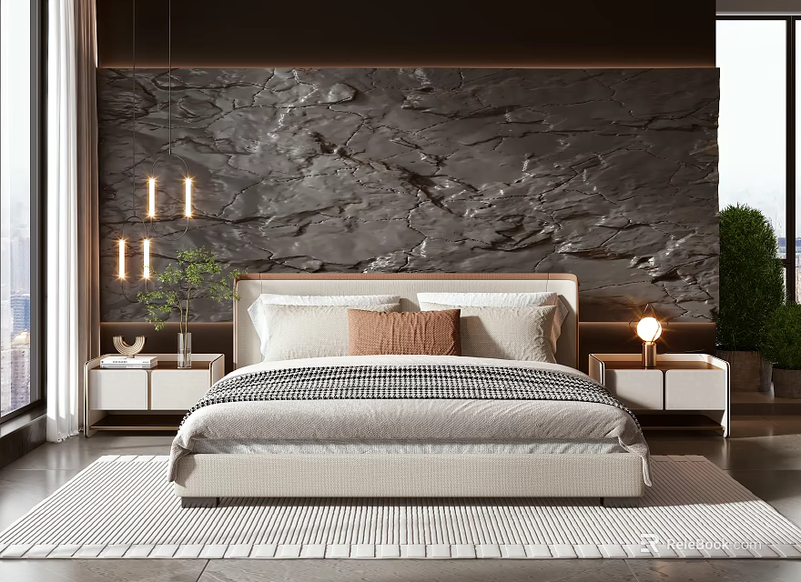 Modern Double Bed with Rock Texture Wall Nightstands Table Lamps and Pendant Lights 3d model 