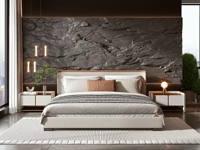 Modern Double Bed with Rock Texture Wall Nightstands Table Lamps and Pendant Lights 3d model