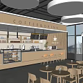 Modern Coffee Shop Interior Design With Wooden Counter Round Hanging Lights Menu Screens And Tables Chairs