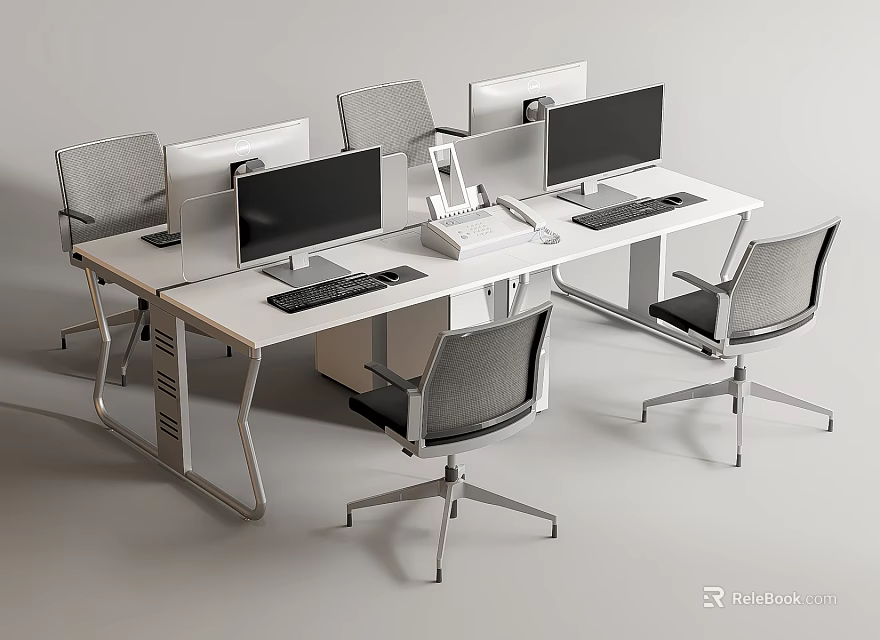 Modern Office Workspace With Spacious Desk Multiple Monitors And Ergonomic Chairs 3d model