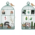 Green Birdcage Wall Decor With Decorative Prints Small Plants And Bird Figurines On White Wall