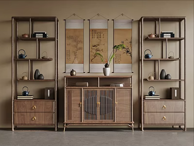 Elegant Chinese Wooden Antique Display Shelves With Central Cabinet Scroll Paintings Tea Sets Books 3d model
