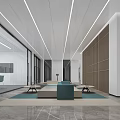 Modern Minimalist Corporate Reception Desk With Custom Brand Logo In Bright Spacious Marble Office Lobby