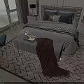 Modern Double Bed with Grey Headboard Multiple Pillows Blue Armchair and Scenic Window View