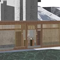 Modern Wooden Building With Lattice Design And Water Reflection Surrounded By Trees