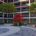 Top View Courtyard Garden Design With Curved Pathways Green Red Trees And Circular Seating Areas