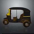 Vintage Black And Yellow Auto Rickshaw With Open Door Design And Worn Wheels