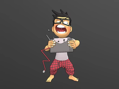 Cartoon Man With Glasses Open Mouth Holding Tablet Wearing Red Plaid Pants Barefoot 3d model