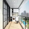 Modern Villa Balcony Design With Washing Machine Storage Cabinets and Scenic City View Overlooking Pool