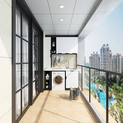 Modern Villa Balcony Design With Washing Machine Storage Cabinets and Scenic City View Overlooking Pool 3d model
