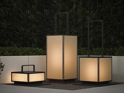 Modern Square Outdoor Lights With Black Frame And Beige Lampshade For Garden Patio 3d model