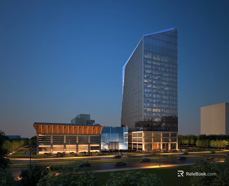 Modern Office Building With Glass Curtain Wall Night View Lighting And Surrounding Greenery 3d model 
