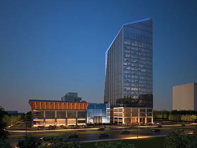 Modern Office Building With Glass Curtain Wall Night View Lighting And Surrounding Greenery 3d model