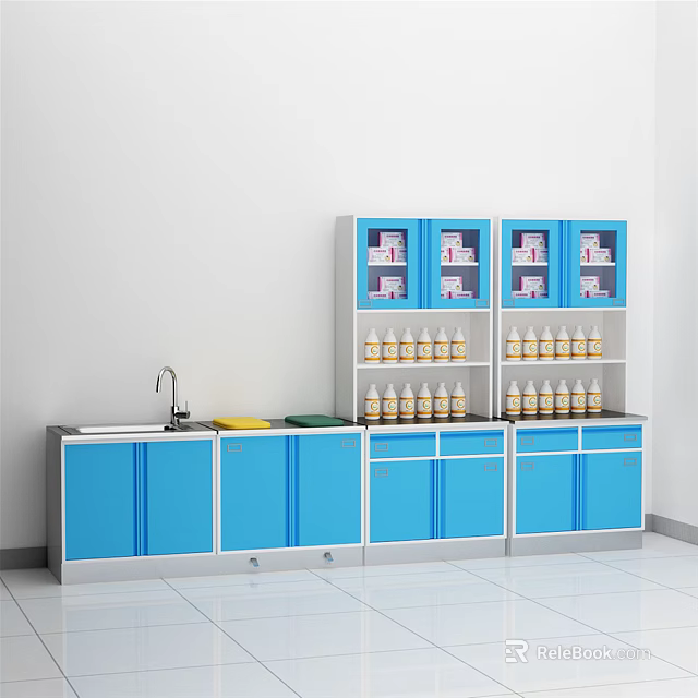 Laboratory Storage Area With Blue Cabinets Glass Door Shelves And Sink 3d model 