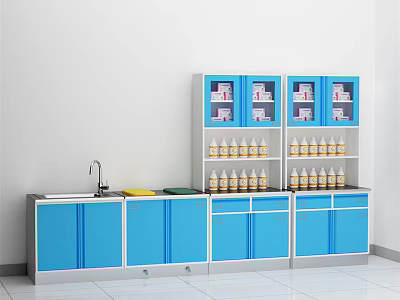 Laboratory Storage Area With Blue Cabinets Glass Door Shelves And Sink 3d model