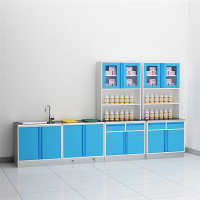 Laboratory Storage Area With Blue Cabinets Glass Door Shelves And Sink 3d model