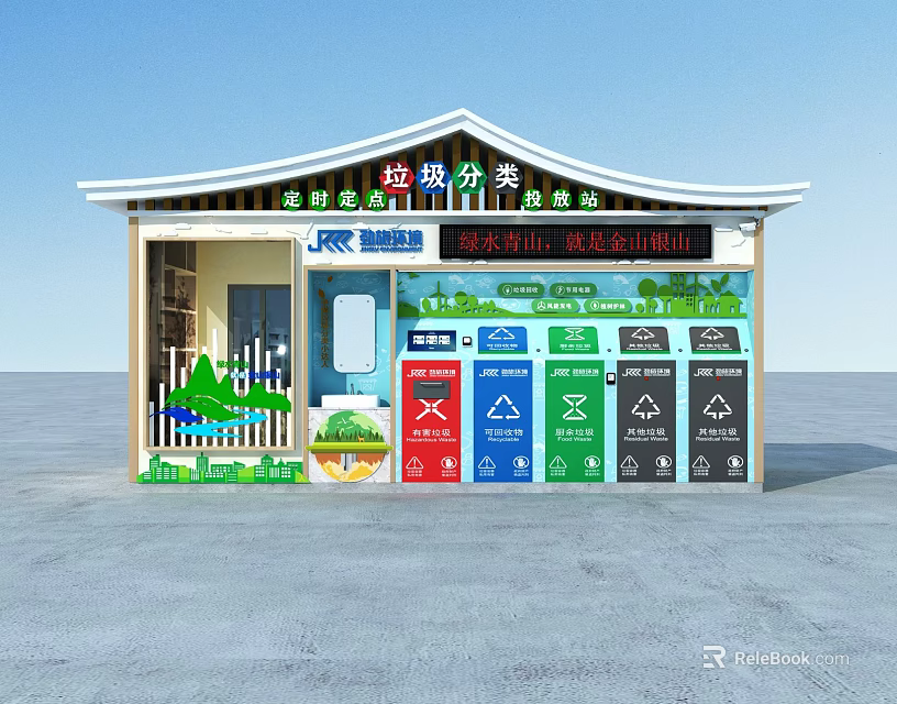 Garbage Classification Station With Color Coded Bins For Environmental Protection And Educational Signs 3d model