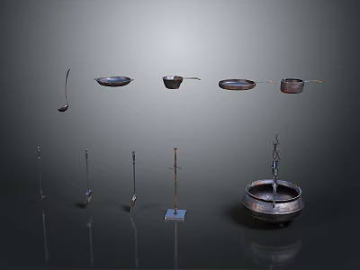 Metallic Kitchen Utensils Display With Pots Pans Spoons Stands And Cooking Tools 3d model