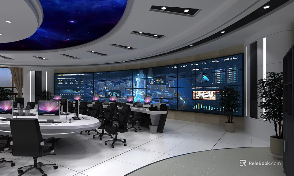 Modern Monitoring Room Interior With Multiple Surveillance Screens Control Consoles And Workstations 3d model 