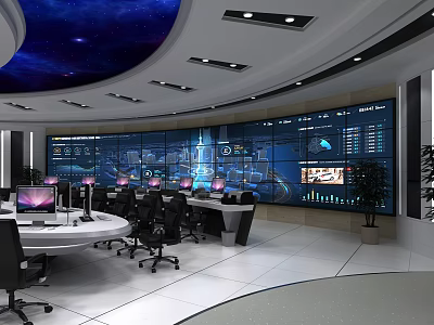 Modern Monitoring Room Interior With Multiple Surveillance Screens Control Consoles And Workstations 3d model