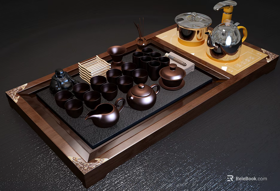 Elegant Brown Tea Set With Multiple Cups Teapot And Decorative Wooden Tray 3d model 