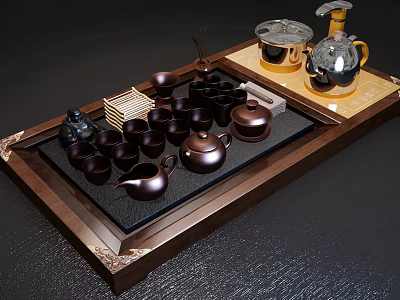 Elegant Brown Tea Set With Multiple Cups Teapot And Decorative Wooden Tray 3d model