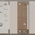 Modern Perforated Panel Wall Decor With Wooden Shelves Decorative Hooks And Shoes Storage