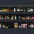 Assorted Wine Bottles and Glasses Displayed on Shelves with Ice Bucket and Lemon Slices