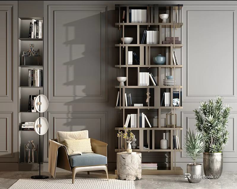 Modern Interior Design With Armchair Wooden Bookshelf Green Plants And Floor Lamp 3d model 