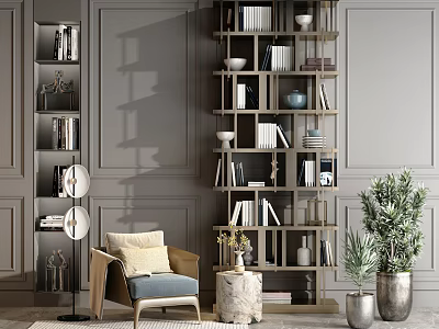 Modern Interior Design With Armchair Wooden Bookshelf Green Plants And Floor Lamp 3d model