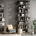 Modern Interior Design With Armchair Wooden Bookshelf Green Plants And Floor Lamp