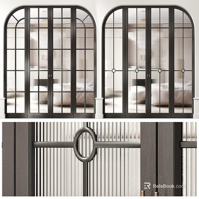Modern Interior Glass Panel Doors With Metal Frame And Decorative Grilles 3d model 