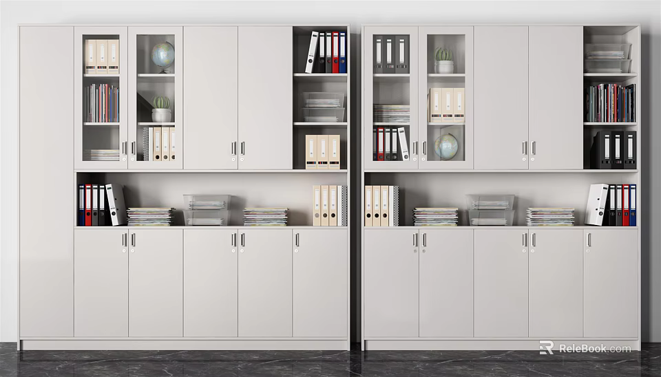 Modern White Bookshelf with Open Shelves Closed Cabinets Books and Decorative Items 3d model 