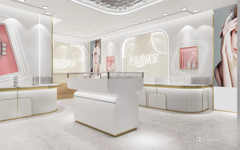 Modern Jewelry Store Interior Design With White Display Cases Counters And Bright Lighting 3d model