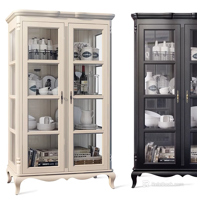 Light And Dark Glass Cabinets With Dishes Cups And Books For Home Interior 3d model 