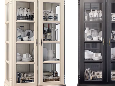 Light And Dark Glass Cabinets With Dishes Cups And Books For Home Interior 3d model
