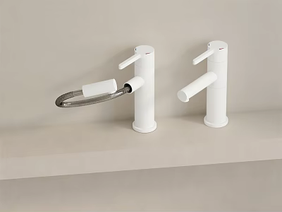 White Modern Faucets On Light Countertop With Metal Hose Design 3d model
