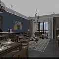 Modern Living And Dining Room Interior With Wooden Furniture Light Blue Walls And Geometric Rug