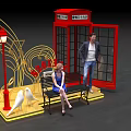 SOHO Scene with Red Telephone Booth Bench Street Lamp Wing Decoration Pigeons and People