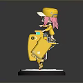 Woman with pink hair wearing yellow cap sitting on yellow mechanical device with transparent base