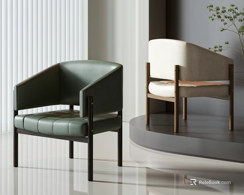 Bright Modern Interior Showcasing Green Leather Accent Chair And Beige Fabric Chair With Wooden Legs 3d model 