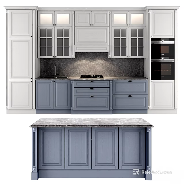 Modern Kitchen Cabinets With Blue And White Design Glass Doors And Marble Countertop 3d model 
