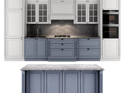 Modern Kitchen Cabinets With Blue And White Design Glass Doors And Marble Countertop 3d model