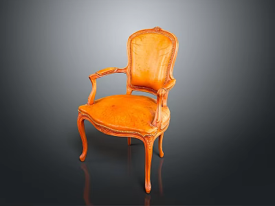 Elegant Orange Leather Leisure Chair With Carved Wooden Armrests And Legs 3d model